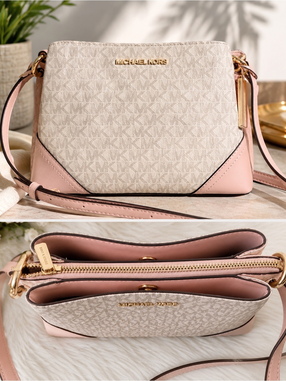 Michael Kors Blush Pink and Signature Logo Crossbody Shoulder Bag
